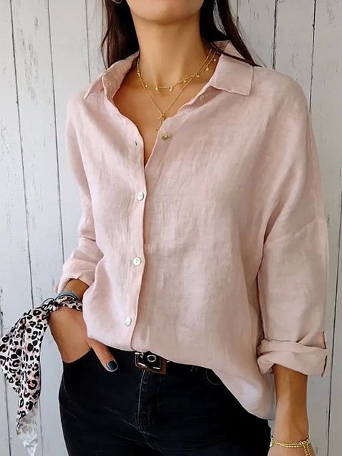 Women's Stylish Lapel Fashion Solid Color Button Long Sleeve Casual Shirt