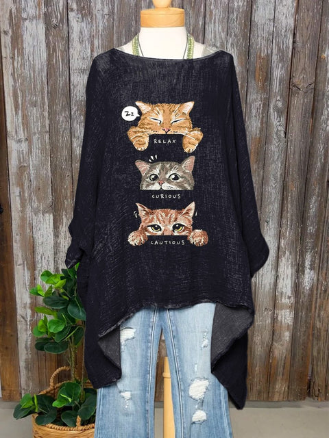 Lovely Cat Graphic Printed Women's Pocket Cotton Top
