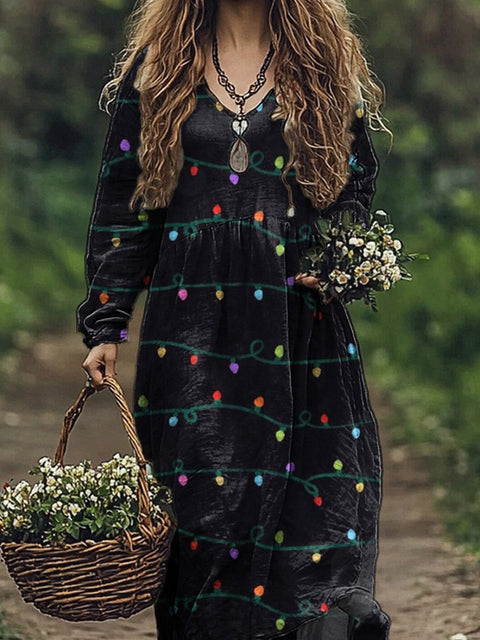 Christmas Light Pattern Printed Women's Pocket Cotton Dress