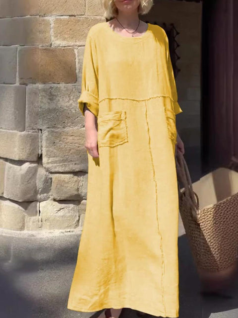 Women's Round Neck Solid Color Cotton And Linen Long Sleeve Pocket Casual Pleated Dress
