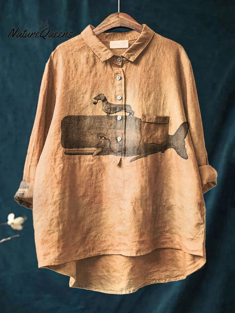 Women's Funny Dog  Art Print Casual Cotton And Linen Shirt