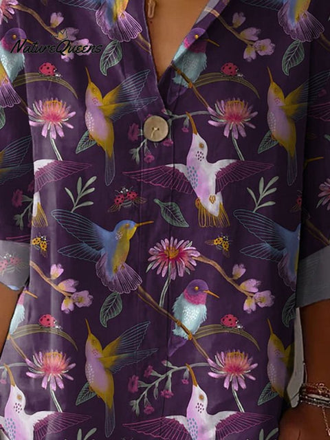 Midnight Hummingbird Pattern Printed Women's Casual Cotton Linen Shirt