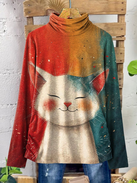 Women's Cute Cat with Color Gradient Print Casual 100% Cotton Top