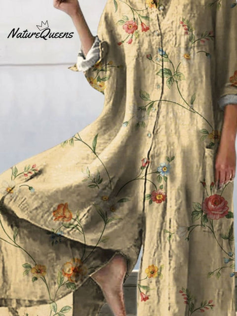 Women's Lovely Floral Art Print Casual 100% Cotton Wide Leg Jumpsuit