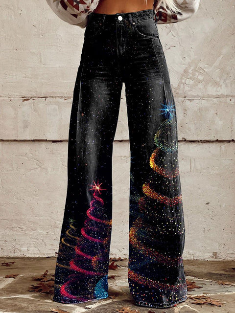 Women's Glitter Christmas Art Print Casual Wide Leg Pants