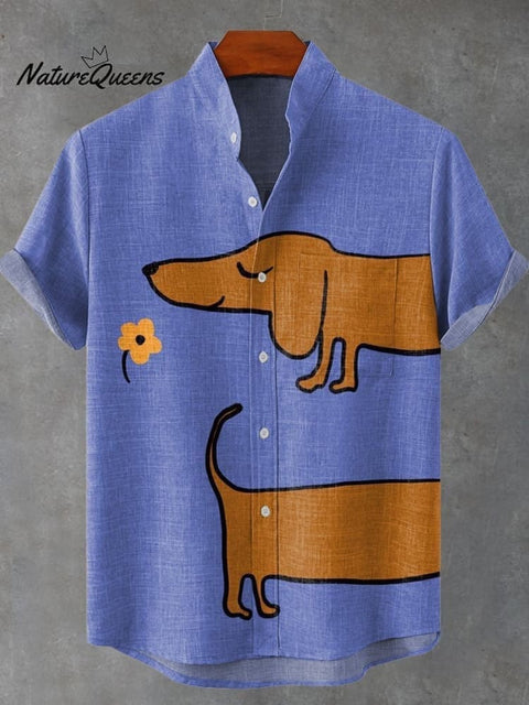 Cute Dachshund Floral Art Print Cotton and Linen Long Sleeve Shirt