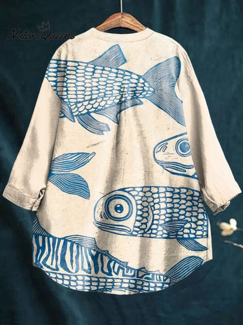 Women's Blue minimalist line fish Print Casual Cotton And Linen Shirt