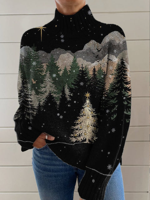 Christmas Tree In The Deep Forest Print Knit Turtleneck Pullover Sweater