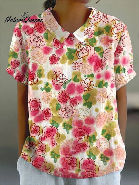 Women's Flower Art Print Casual Cotton And Linen Shirt