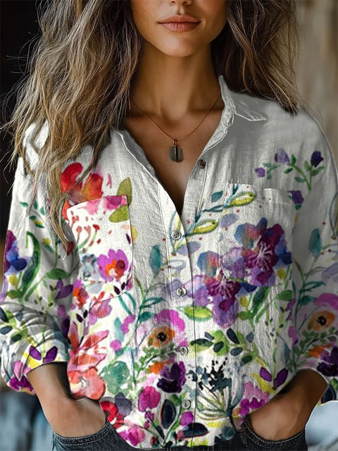 Women's  Floral Art Print Casual Long Sleeve Comfortable Cotton Shirt