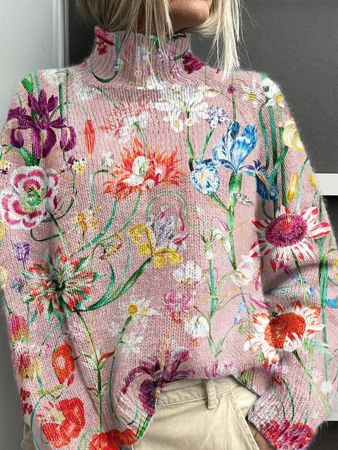 A Variety of Floral Arts Print Knit Turtleneck Pullover Sweater