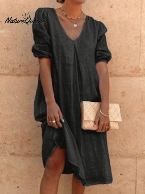 Cotton And Linen Solid Color Long Sleeve Casual Midi Dress