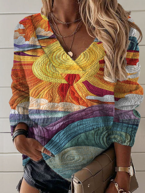 Retro Art Print Knit V-neck Pullover Sweater