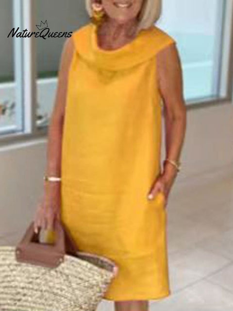 Loose Fit Cotton And Linen Solid Color Pullover Dress