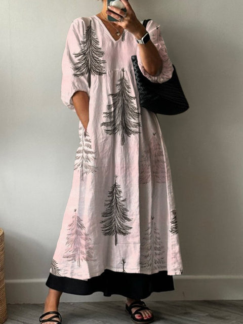 Women's Pink Lovely Christmas Tree Print Pocket V-neck Cotton Dress