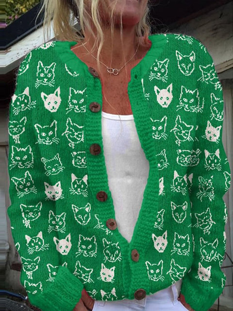 Retro Cat Art Print Buttoned Cardigan Sweater