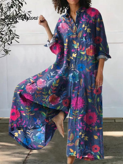 Women's Art Print Casual 100% Cotton Wide Leg Jumpsuit