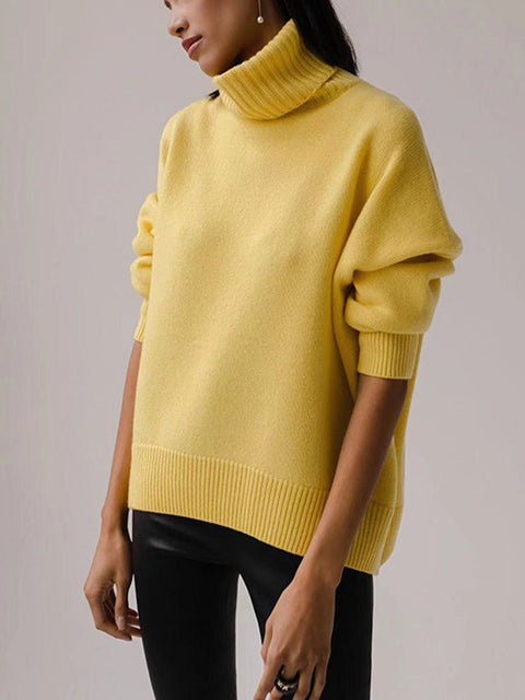 Women's Stylish Casual Long Sleeve Loose Soft Turtleneck Solid Color Knitted Pullover Sweater