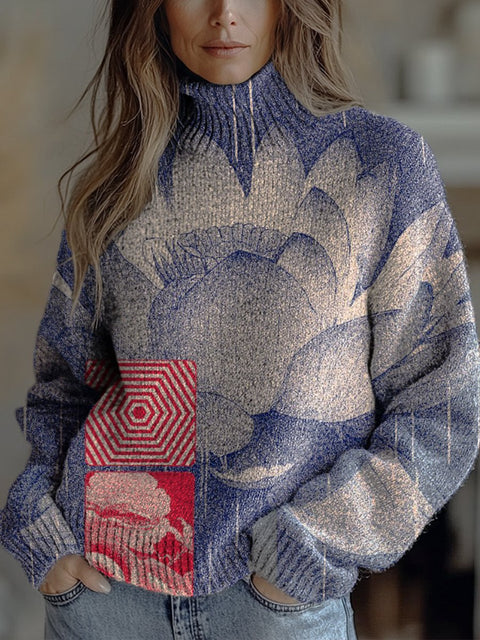 Lotus Art Print Print Knit Turtleneck Pullover Sweater