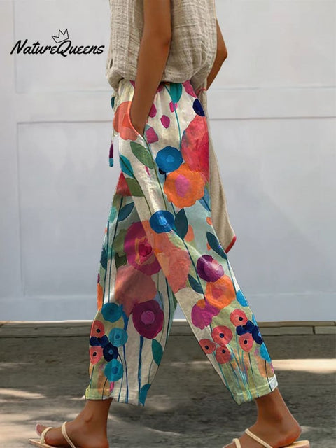 Oil Painting Summer Floral Art Printed Women's 100%Cotton Casual Pants