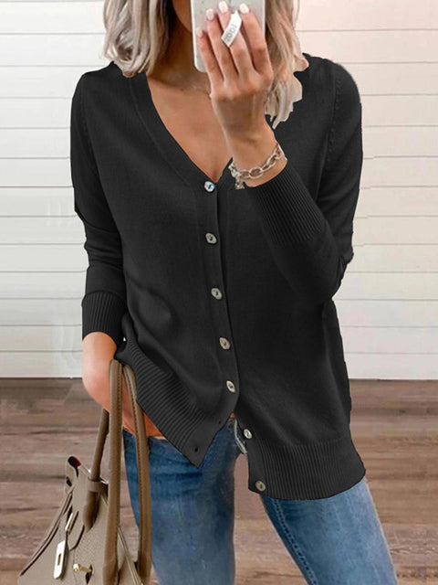 Women's Solid Color Button Long Sleeve V-Neck Cardigan  Sweater