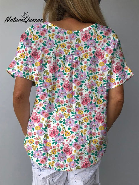 Retro Style Small Floral Garden Pattern Printed Women's Casual Cotton And Linen Shirt