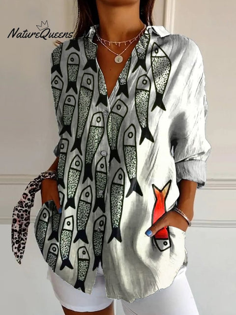 Be The Unique Fish Art Printed Women's Casual Cotton Shirt