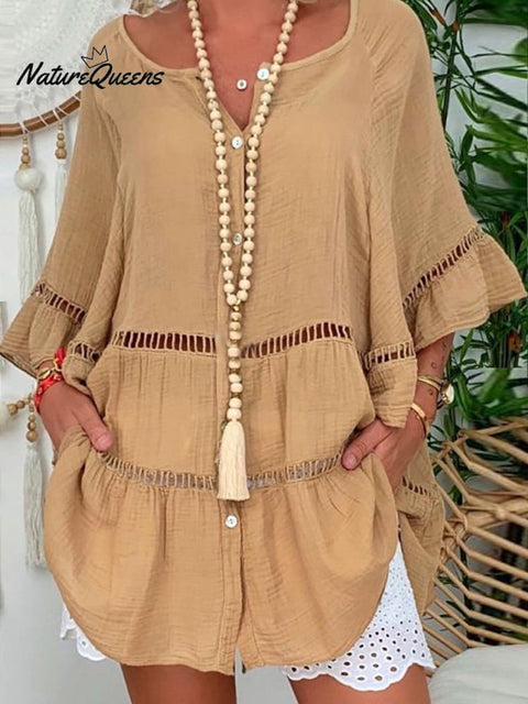 Mid Sleeve Cotton And Linen V - Neck Shirt Dresses Brown / S