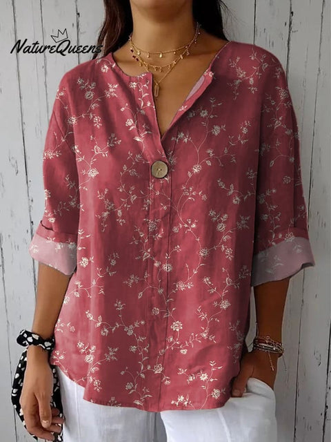 Small Floral And Vine Pattern Printed Women's Casual Cotton Linen Shirt