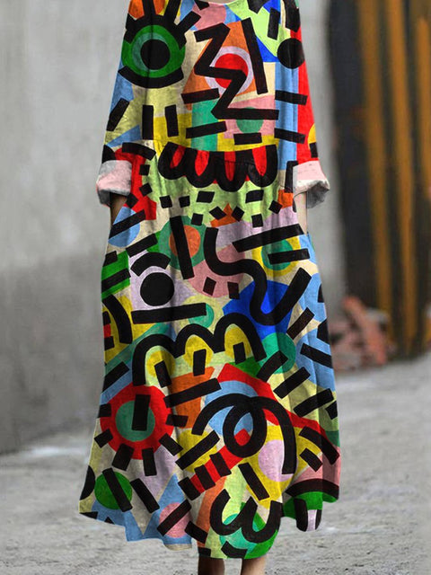 Abstract Geometric Pattern Printed Women's Pocket Cotton Dress