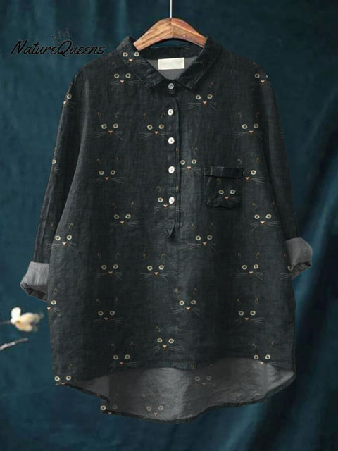 Women's Cat Art Print Casual Cotton And Linen Shirt