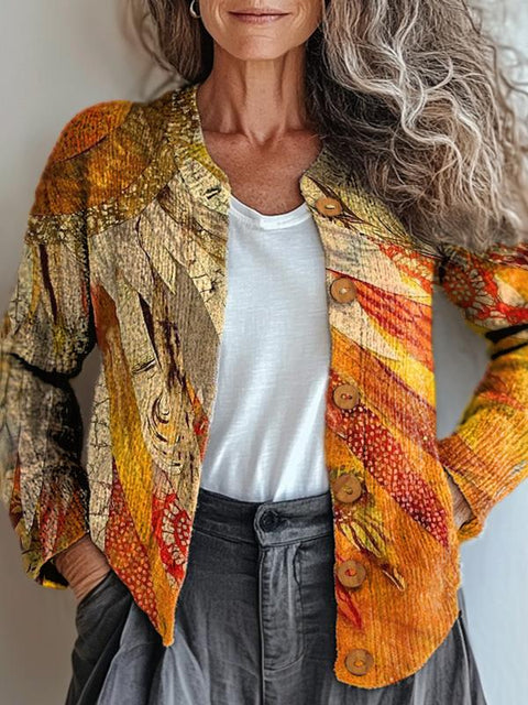 Patchwork Sunflower Art Printed Buttoned Cardigan Sweater