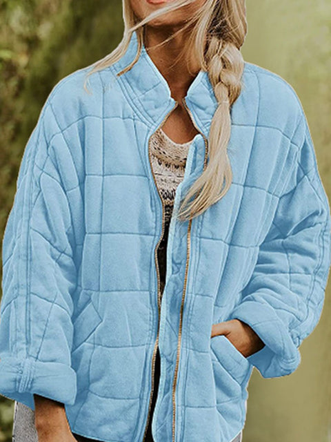 Women's Solid Color Stand Collar Loose Long Sleeve Pocket Cotton Jacket
