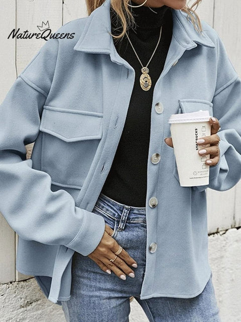 Women's Lapel Neck Solid Color Tweed Casual Jacket