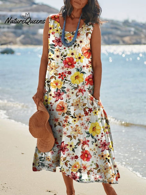 Assorted Tropical Floral Repeat Pattern Printed Women’s Pocket Pinafore Linen Dress Multicolor / S