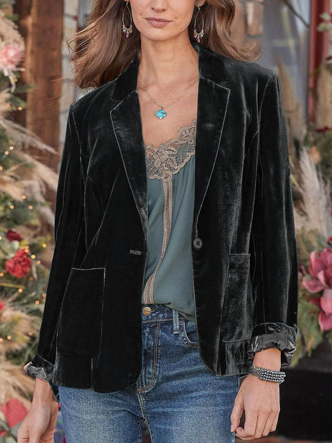 Women's Retro Solid Color Velvet Casual Suit Jacket