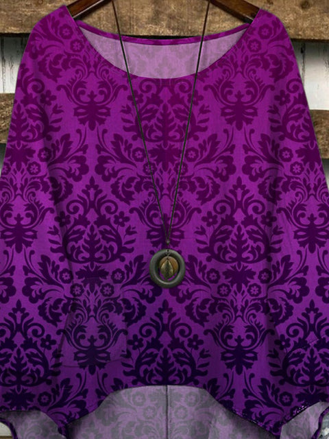 Retro Floral Symmetrical Pattern Printed Women's Casual Long Sleeve Comfortable Cotton Top