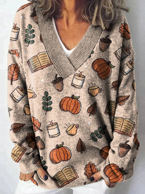 Autumn Leaves And Fruit Art Print Knit V-neck Pullover Sweater