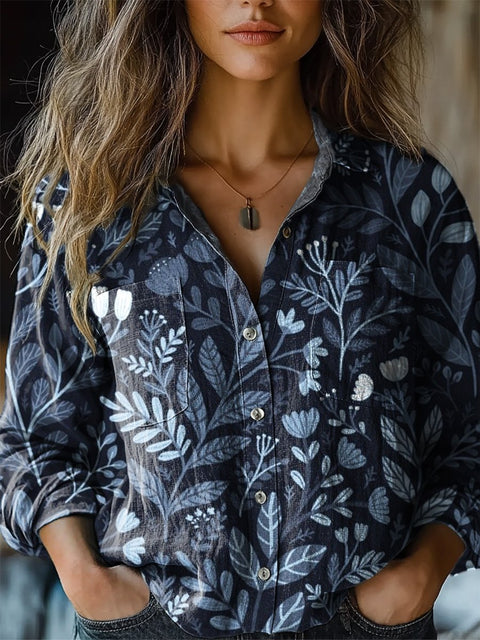 Tranquil Floral Garden Pattern Printed Women's Casual Long Sleeve Comfortable Cotton Shirt