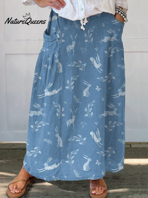 Spring Woodland Rabbit Repeat Pattern Printed Women's Linen Pocket Skirt