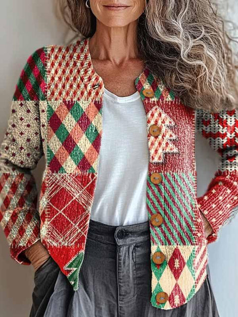 Women's Lovely Christmas Patchwork Pattern Art Print Buttoned Cardigan Sweater