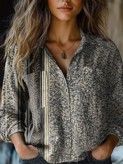 Women's   Retro Floral Print Casual Long Sleeve Comfortable Cotton Shirt