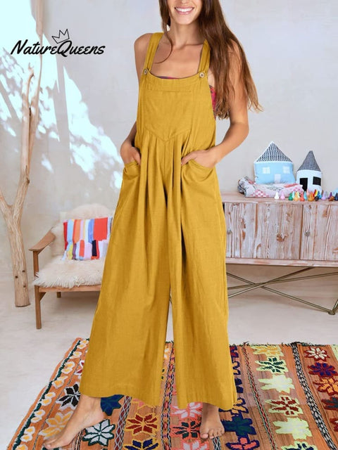 Women’s Solid Color Loose Elegant Casual Cotton Linen Suspender Jumpsuit Yellow / S
