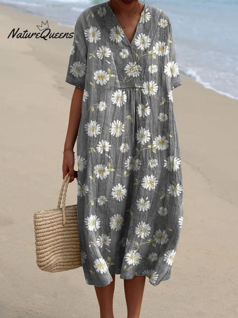 Spring White Daisy Repeat Pattern Printed Women's Flowy Dress