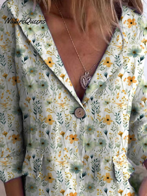 Lovely Meadows Floral Pattern Printed Women's Cotton Linen Jacket Blazer