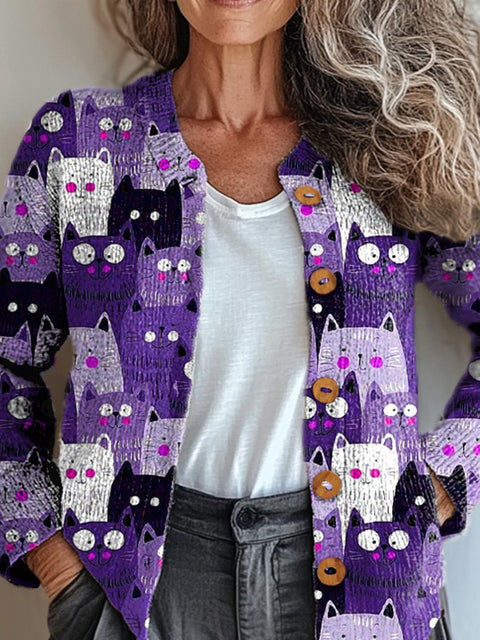 Watercolor Cat Pattern Printed Buttoned Cardigan Sweater
