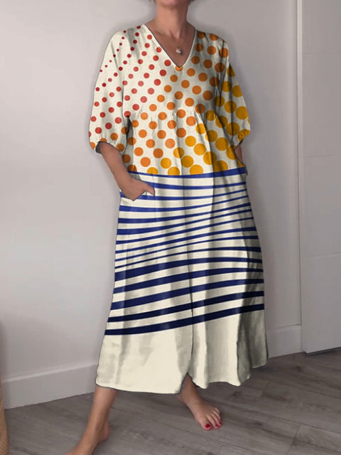 Bauhaus Style Geometric Dot And Wave Art Printed Women's Pocket V-Neck Cotton Dress