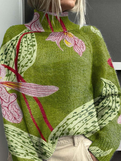 Contrast Orchid Decorative Pattern Knit Turtleneck Pullover Sweater