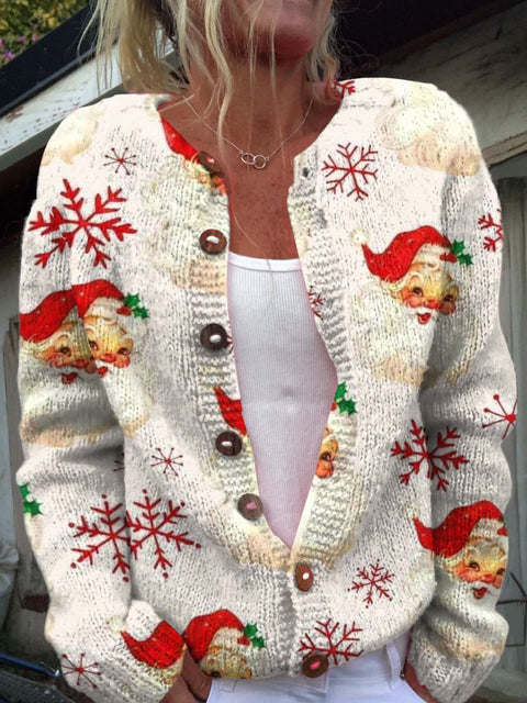 Santa Claus Retro Snowflakes Print Buttoned Cardigan Sweater