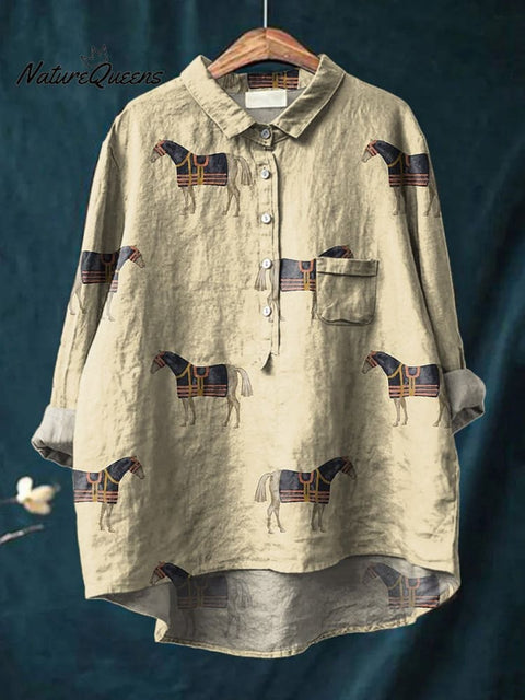 Horse Repeat Pattern Printed Women's Casual Cotton And Linen Shirt